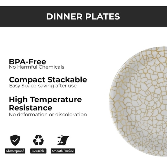 ariya  11 Inches Melamine Dinner Plate Set of 6 (Classic Gold Grid) Microwave & Dishwasher Safe Dinnerware, Full Serving Plate Set for Snacks, Breakfast, Lunch, Dinner, Break Resistant, All Occasions