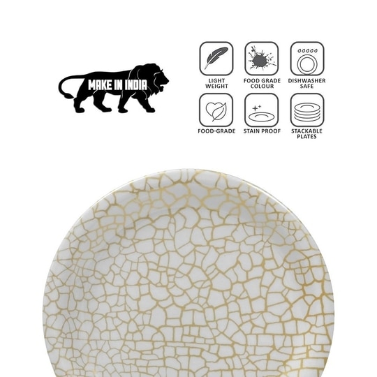 ariya  11 Inches Melamine Dinner Plate Set of 6 (Classic Gold Grid) Microwave & Dishwasher Safe Dinnerware, Full Serving Plate Set for Snacks, Breakfast, Lunch, Dinner, Break Resistant, All Occasions