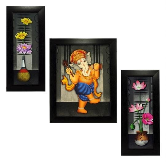 Indianara 3 Pc Set Of Lord Ganesha Paintings (1521) Without Glass 5.2 X 12.5, 9.5 X 12.5, 5.2 X 12.5 Inch