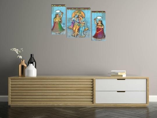 Indianara Set of 3 Radha Krishna MDF Framed Art Painting (4071FL) without glass Digital Reprint 18 inch x 12 inch Painting (With Frame, Pack of 3)