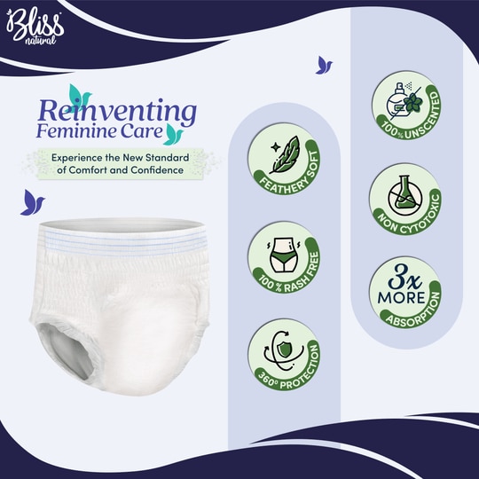 BLISSNATURAL Super Absorbent Disposable Period Panties for Women S-M | Waist Size 24"-40" (Pack of 5) Pull-Up Pant with Extra Comfort