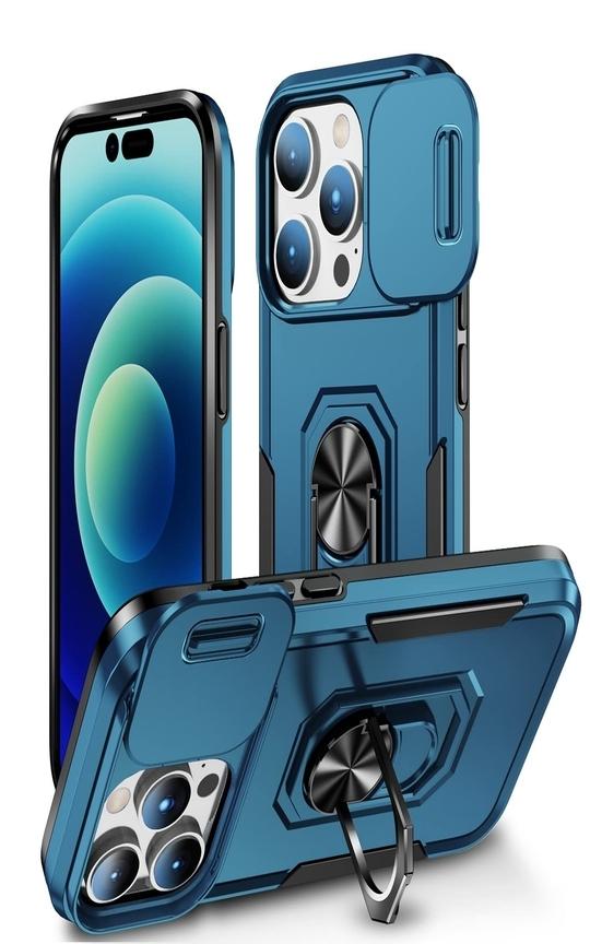 SHIELDTECH Back Cover Case Compatible for Apple iPhone 15 Pro Max with Slide Camera Cover & Rotated Ring Stand | Military Grade Mobile Phone Cover Case for Apple iPhone 15 Pro Max (Blue)