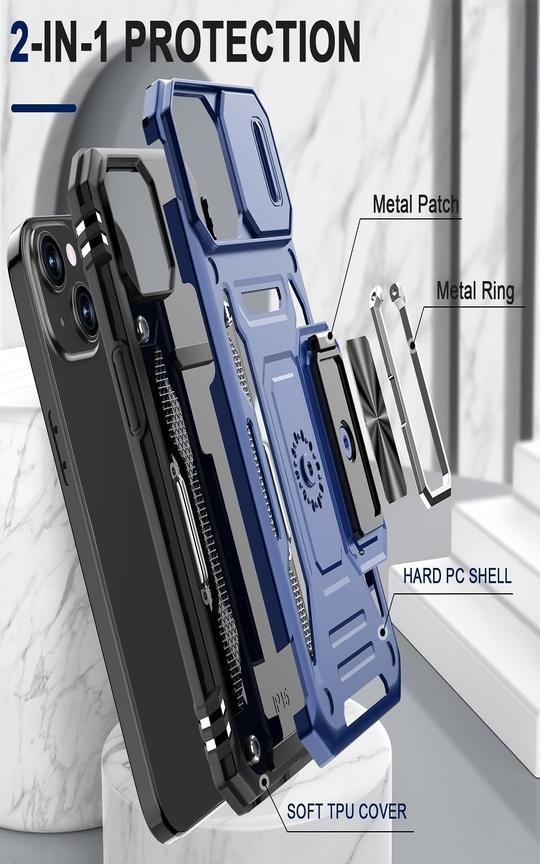SHIELDTECH Polycarbonate Back Cover Case Compatible for Apple iPhone 15 with Slide Camera Cover & Rotated Ring Kickstand | Military Grade Mobile Phone Cover Case for Apple iPhone 15 (Blue)