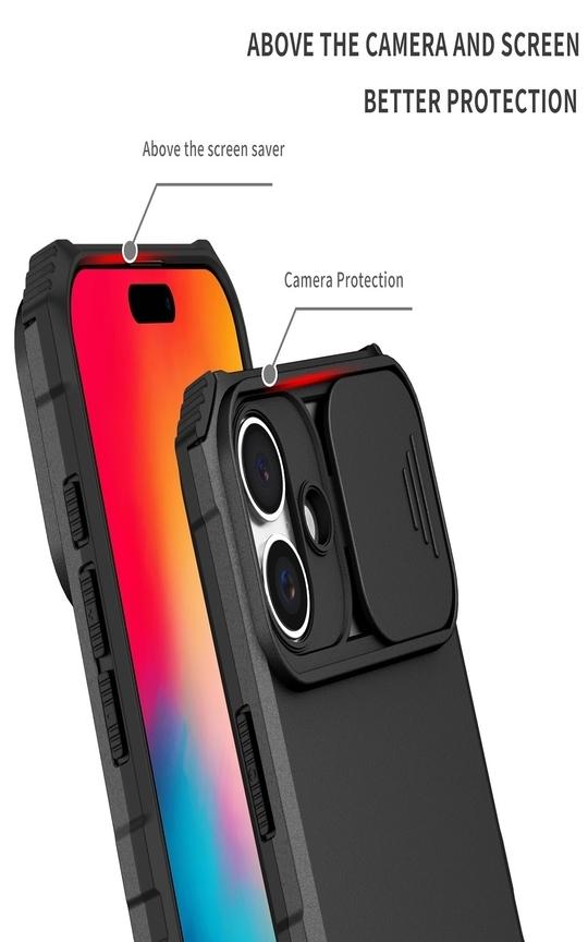 SHIELDTECH Back Cover Case for Apple iPhone 16 | Sliding Camera Shield | Black Stereoscopic Stand | 360 Degree Protection Mobile Phone Case Cover for i Phone 16 / i Phone16 | PC, Black