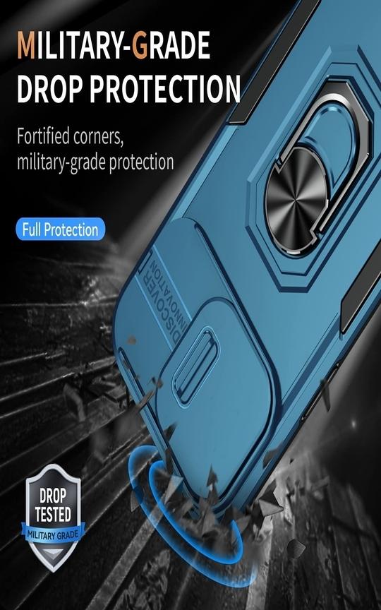 SHIELDTECH Back Cover Case Compatible for Apple iPhone 15 Pro Max with Slide Camera Cover & Rotated Ring Stand | Military Grade Mobile Phone Cover Case for Apple iPhone 15 Pro Max (Blue)