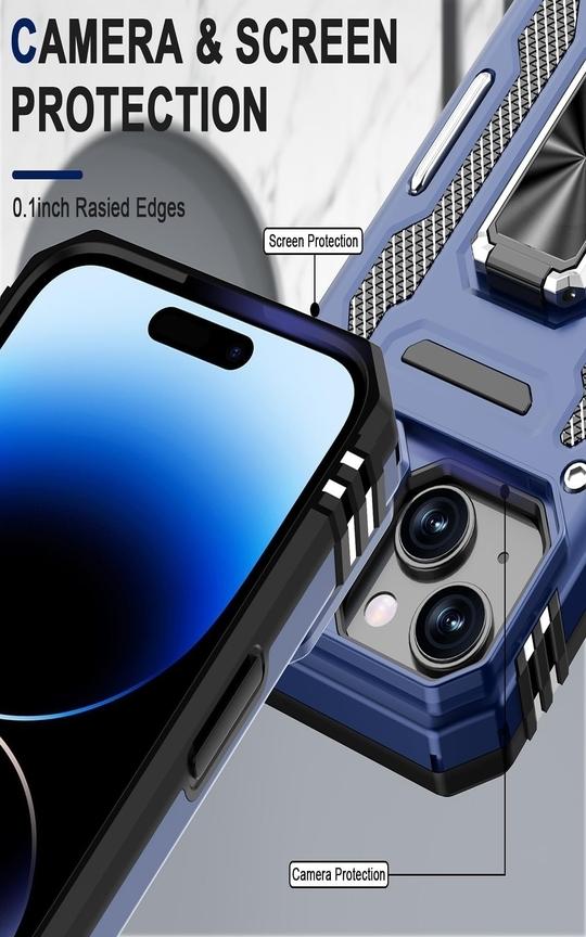 SHIELDTECH Polycarbonate Back Cover Case Compatible for Apple iPhone 15 with Slide Camera Cover & Rotated Ring Kickstand | Military Grade Mobile Phone Cover Case for Apple iPhone 15 (Blue)