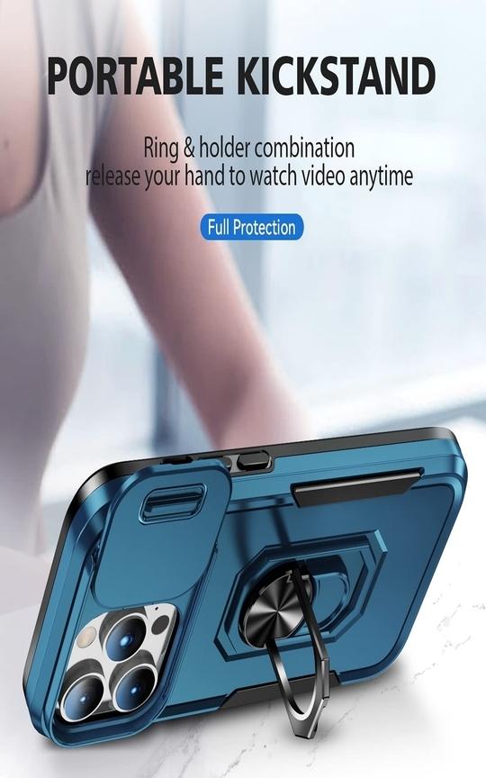SHIELDTECH Back Cover Case Compatible for Apple iPhone 15 Pro Max with Slide Camera Cover & Rotated Ring Stand | Military Grade Mobile Phone Cover Case for Apple iPhone 15 Pro Max (Blue)