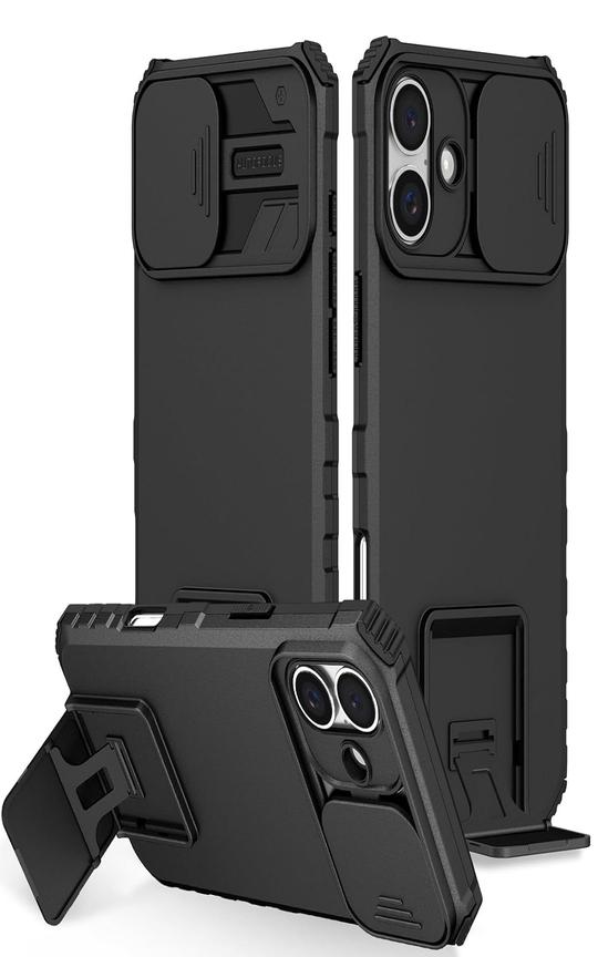 SHIELDTECH Back Cover Case for Apple iPhone 16 | Sliding Camera Shield | Black Stereoscopic Stand | 360 Degree Protection Mobile Phone Case Cover for i Phone 16 / i Phone16 | PC, Black