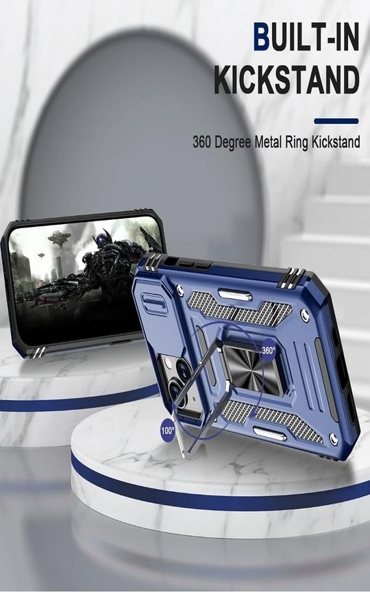 SHIELDTECH Polycarbonate Back Cover Case Compatible for Apple iPhone 15 with Slide Camera Cover & Rotated Ring Kickstand | Military Grade Mobile Phone Cover Case for Apple iPhone 15 (Blue)