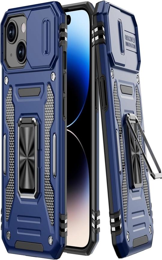 SHIELDTECH Polycarbonate Back Cover Case Compatible for Apple iPhone 15 with Slide Camera Cover & Rotated Ring Kickstand | Military Grade Mobile Phone Cover Case for Apple iPhone 15 (Blue)