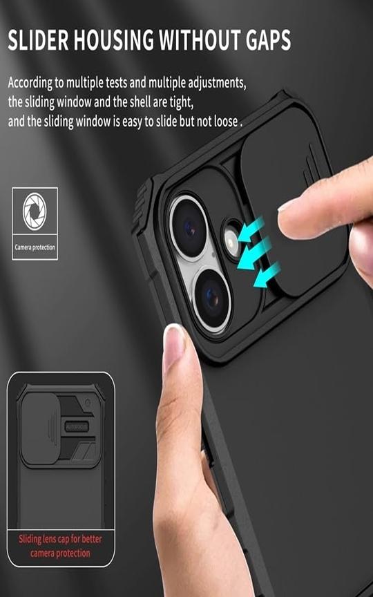 SHIELDTECH Back Cover Case for Apple iPhone 16 | Sliding Camera Shield | Black Stereoscopic Stand | 360 Degree Protection Mobile Phone Case Cover for i Phone 16 / i Phone16 | PC, Black