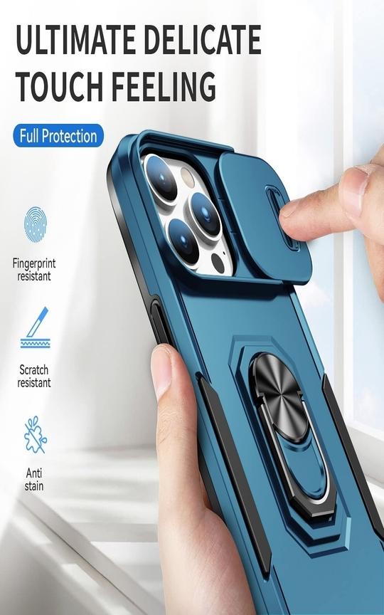 SHIELDTECH Back Cover Case Compatible for Apple iPhone 15 Pro Max with Slide Camera Cover & Rotated Ring Stand | Military Grade Mobile Phone Cover Case for Apple iPhone 15 Pro Max (Blue)