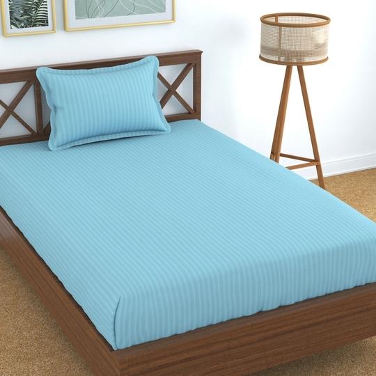 Homefab India 144 TC Microfiber Single Bedsheet with 1 Pillow Cover - Light Blue, Stripped