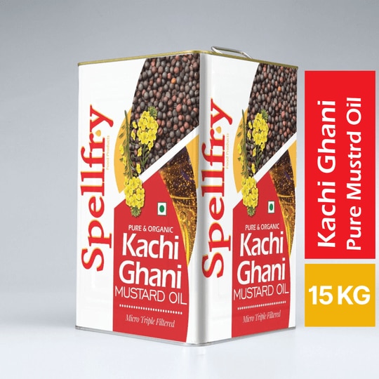 Spellfry 100% Pure Kachi Ghani Mustard Oil, 15 KG, Tin