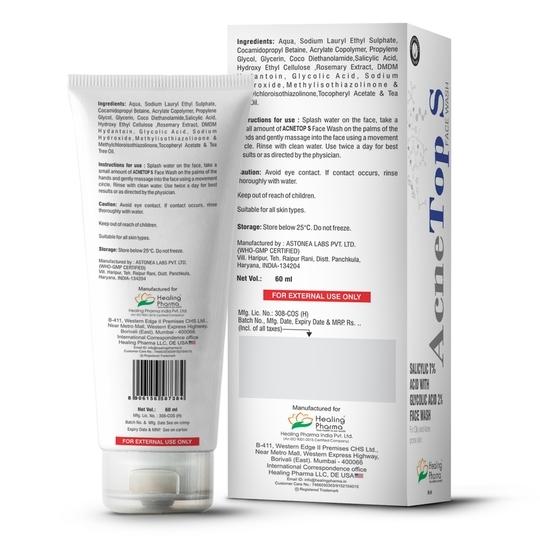 Healing Pharma - AcneTop Salicylic & Glycolic Acid Face Wash For Oily/Dry & Acne Prone Skin | Face Wash for Oil Control & Dirt Removal | Face Wash Fights Pollution, Blackheads & Pimples | Face Wash for Women and Men - 60ml