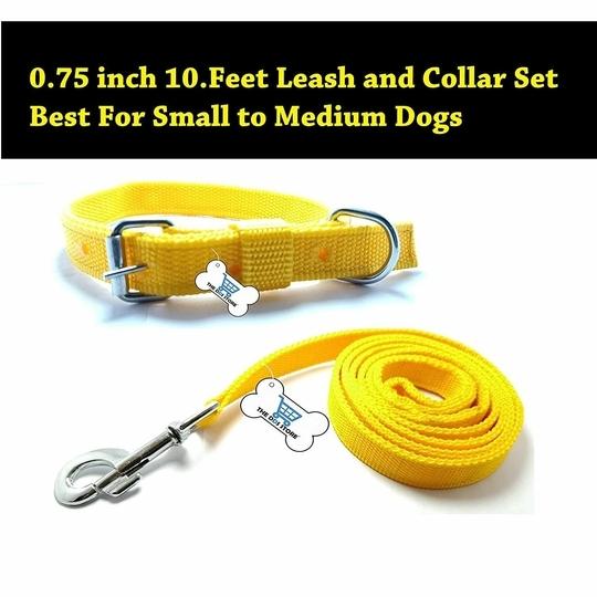 THE DDS STORE Nylone Pet Dog Collar Leash Set Dog Training Lead 10.FT Long Rope Cotton Nylon Webbing Recall Obedience Line Leash for Pet Best for Small to Medium Breed Dogs (10.Feet Leash & Collar 0.75 inch, Yellow).
