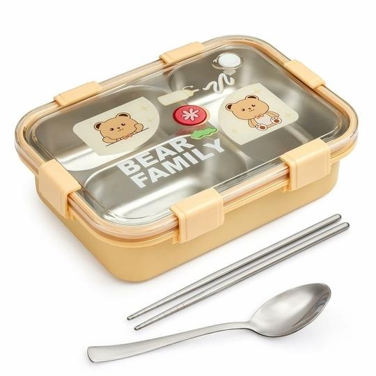 Seboncare Bear Family Stainless Steel 3 Compartment Lunch Box For Office, School, Travelling with Chopstics Pair and Spoon - Yellow