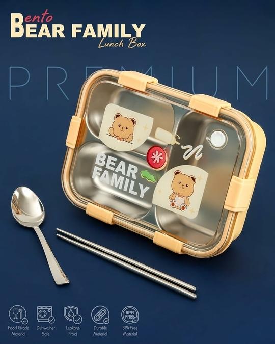 Seboncare Bear Family Stainless Steel 3 Compartment Lunch Box For Office, School, Travelling with Chopstics Pair and Spoon - Yellow