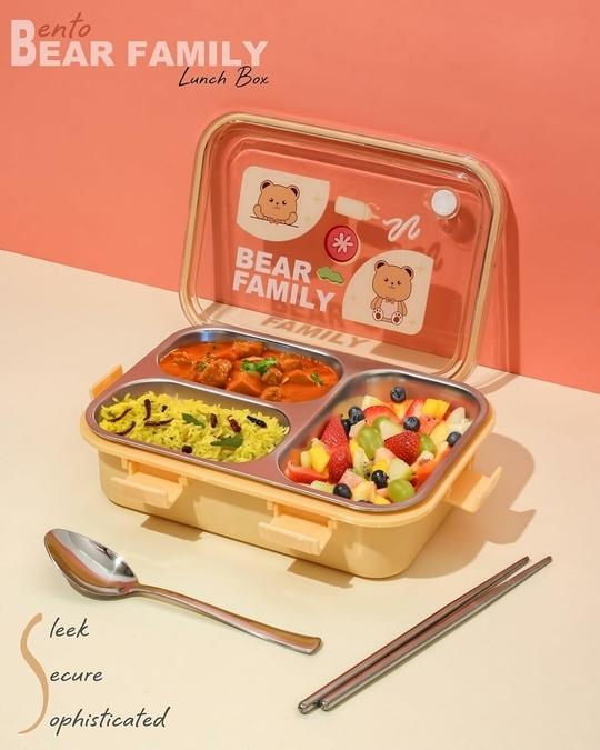 Seboncare Bear Family Stainless Steel 3 Compartment Lunch Box For Office, School, Travelling with Chopstics Pair and Spoon - Yellow