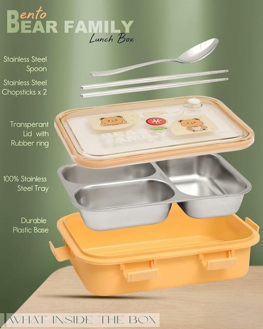 Seboncare Bear Family Stainless Steel 3 Compartment Lunch Box For Office, School, Travelling with Chopstics Pair and Spoon - Yellow