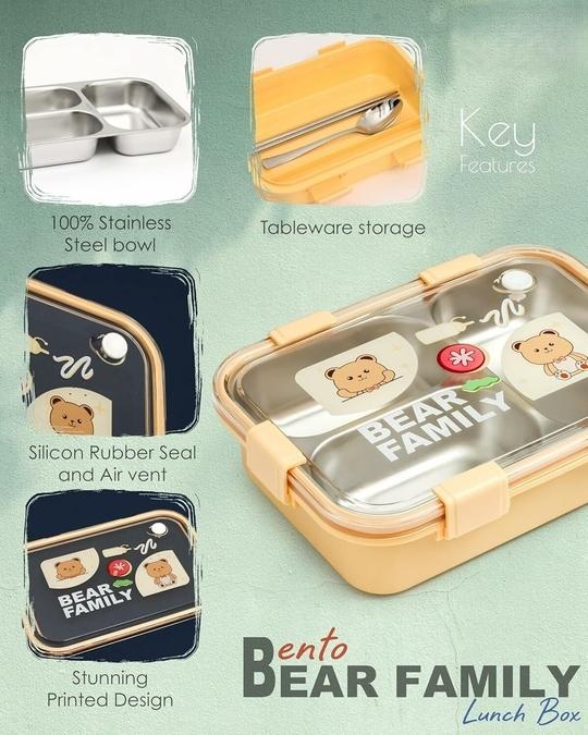 Seboncare Bear Family Stainless Steel 3 Compartment Lunch Box For Office, School, Travelling with Chopstics Pair and Spoon - Yellow