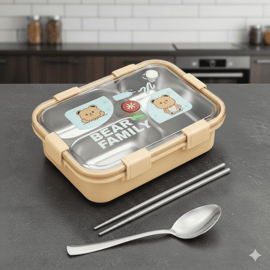 Seboncare Bear Family Stainless Steel 3 Compartment Lunch Box For Office, School, Travelling with Chopstics Pair and Spoon - Yellow