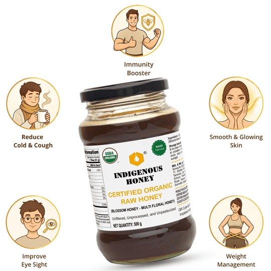 INDIGENOUS HONEY Raw Organic Honey NMR Tested Organic Certified Pure Natural Honey - 500 g