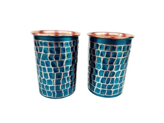Rastogi Handicraft Pure Copper Jug - 2 Glass Outer Hammerd Firozi Paint Work Drink ware Set