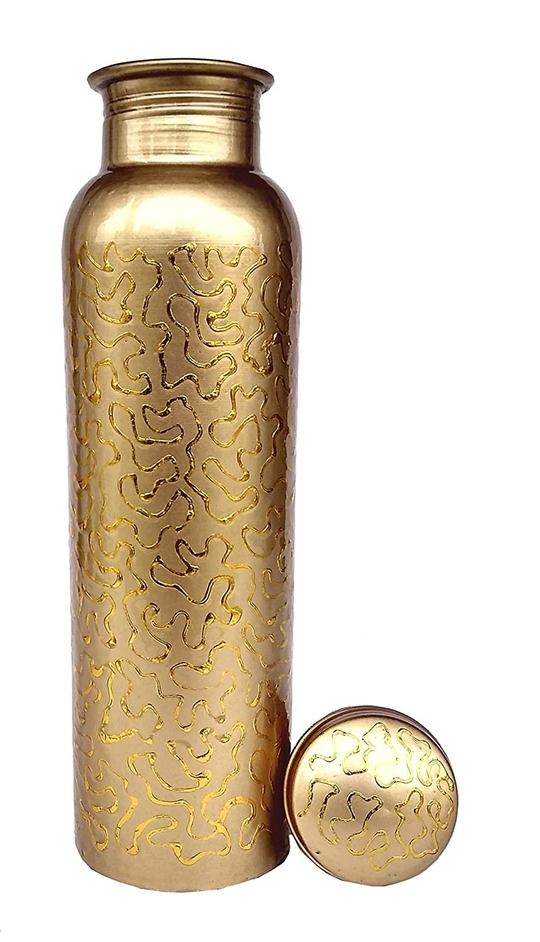 Rastogi Handicrafts Golden Print Copper Water Bottle 950 ml