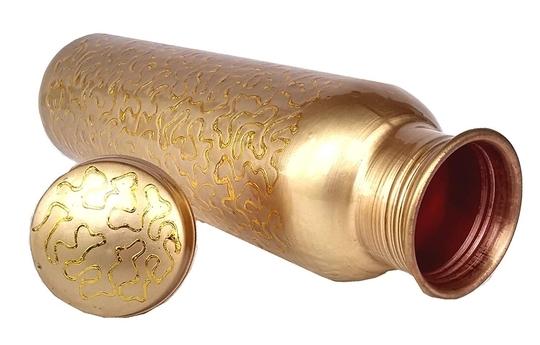 Rastogi Handicrafts Golden Print Copper Water Bottle 950 ml