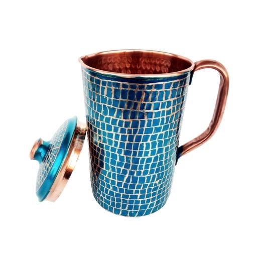 Rastogi Handicraft Pure Copper Jug - 2 Glass Outer Hammerd Firozi Paint Work Drink ware Set