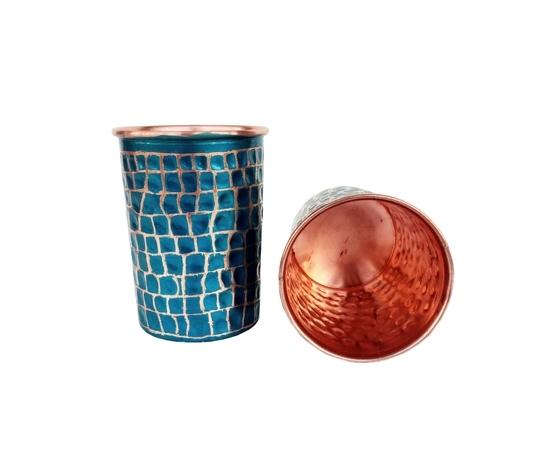 Rastogi Handicraft Pure Copper Jug - 2 Glass Outer Hammerd Firozi Paint Work Drink ware Set