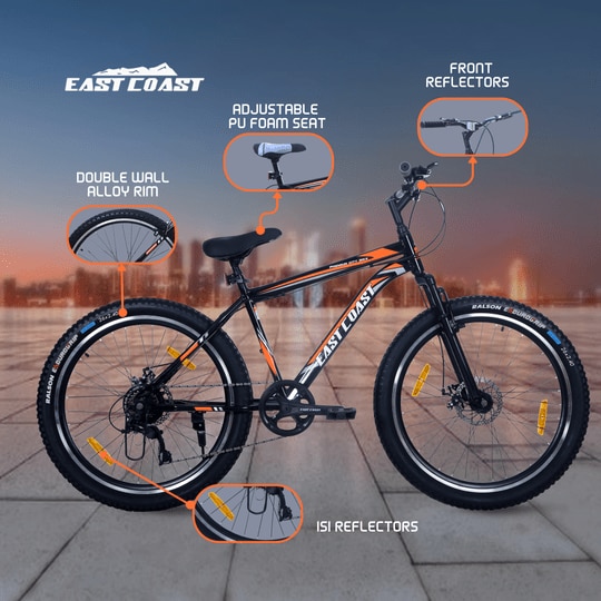 EAST COAST Premium City Pro 7 Speed Cycle/Bicycle | 26T Mountain Bike | Hardtail Cycle with 18.5 Inch Frame, Caliper Brake, Without Carrier, Ideal for 15+ Years (Orange)