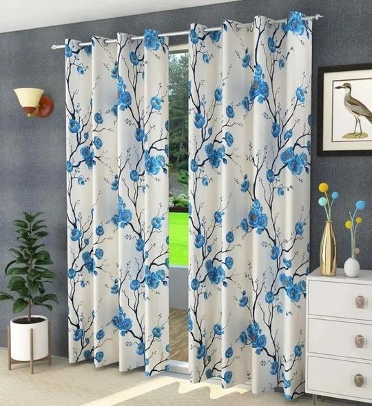 ADIMANAV 213.36 cm (7 ft) Door Polyester Semi Transparent Curtains Floral Aqua Blue Design 2 pack