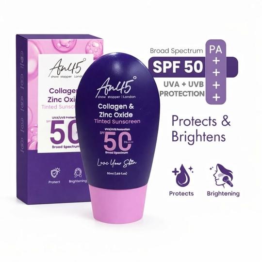 AN45 SPF 50 PA++++ Tinted Fluid Sunscreen Collagen & zinc oxide, Broad Spectrum UVA UVB Protection, Lightweight, Non-Greasy, No White Cast