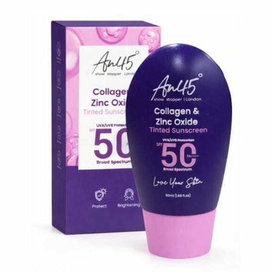 AN45 SPF 50 PA++++ Tinted Fluid Sunscreen Collagen & zinc oxide, Broad Spectrum UVA UVB Protection, Lightweight, Non-Greasy, No White Cast