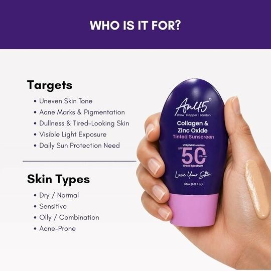 AN45 SPF 50 PA++++ Tinted Fluid Sunscreen Collagen & zinc oxide, Broad Spectrum UVA UVB Protection, Lightweight, Non-Greasy, No White Cast