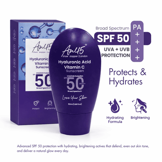 AN45 SPF 50 PA++++ Sunscreen | Hydrating Fluid with Hyaluronic Acid & Vitamin C & E | Lightweight, Non-Sticky | UVA/UVB Protection | 50ml