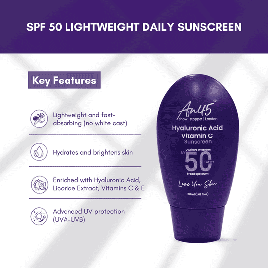 AN45 SPF 50 PA++++ Sunscreen | Hydrating Fluid with Hyaluronic Acid & Vitamin C & E | Lightweight, Non-Sticky | UVA/UVB Protection | 50ml