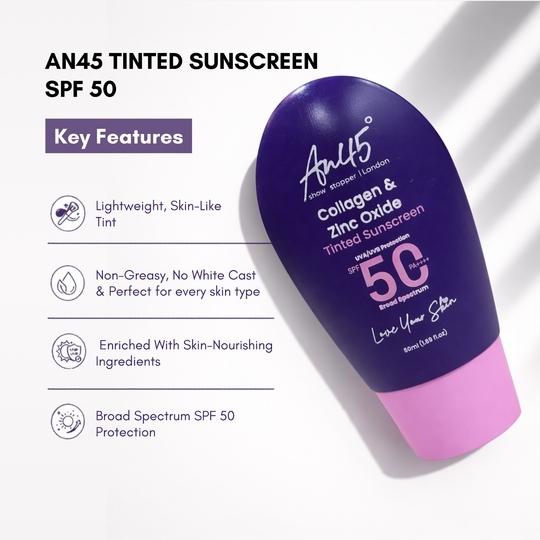 AN45 SPF 50 PA++++ Tinted Fluid Sunscreen Collagen & zinc oxide, Broad Spectrum UVA UVB Protection, Lightweight, Non-Greasy, No White Cast