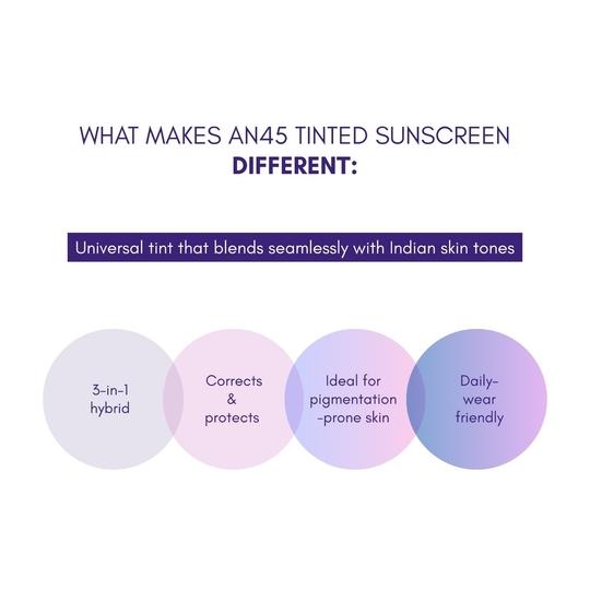 AN45 SPF 50 PA++++ Tinted Fluid Sunscreen Collagen & zinc oxide, Broad Spectrum UVA UVB Protection, Lightweight, Non-Greasy, No White Cast