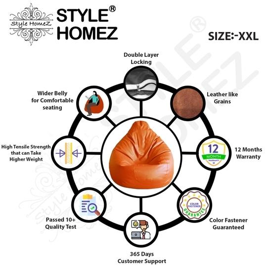 Style Homez Premium Leatherette Classic Bean Bag XXL Size Orange Color, Cover Only