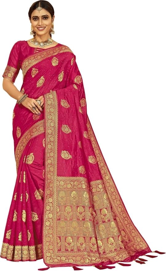 Ashika Women Pink Woven Pure Silk Saree with Blouse Piece