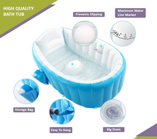 Safe-o-kid Inflatable Baby Bath Tub With Air Pump, Non-Slip, Travel-Friendly, Foldable Shower Pool For Kids - Blue Pack of 1