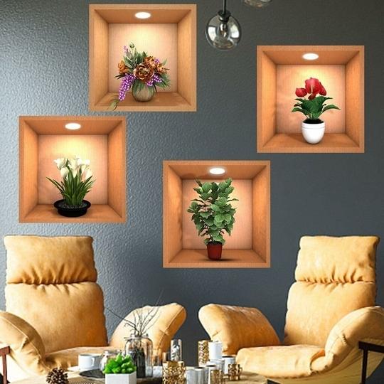KATHIYAWADI 3D Flower Wall Sticker | Flower Arranging & Vase Wall Decor Sticker | Peel & Stick Wall Sticker | Beautiful Waterproof Self Adhesive Wall Poster (Pack of 4 PCs,Multicolor)