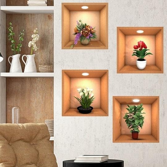KATHIYAWADI 3D Flower Wall Sticker | Flower Arranging & Vase Wall Decor Sticker | Peel & Stick Wall Sticker | Beautiful Waterproof Self Adhesive Wall Poster (Pack of 4 PCs,Multicolor)