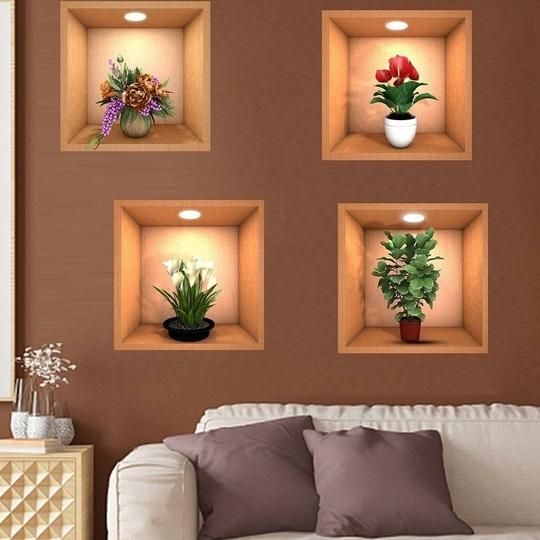 KATHIYAWADI 3D Flower Wall Sticker | Flower Arranging & Vase Wall Decor Sticker | Peel & Stick Wall Sticker | Beautiful Waterproof Self Adhesive Wall Poster (Pack of 4 PCs,Multicolor)