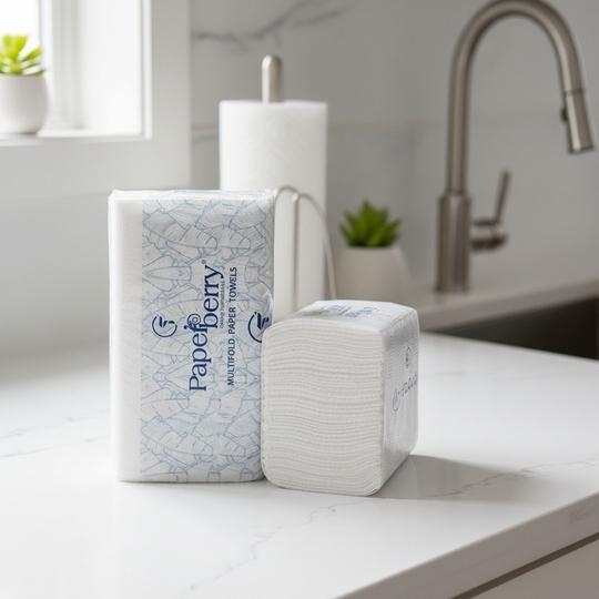 Paperberry Premium MultiFold Hand Towels - M-Fold Paper Towels for Washrooms & Kitchens, 2-Ply High Absorbency, Soft & Hygienic White Tissues Pack of 6