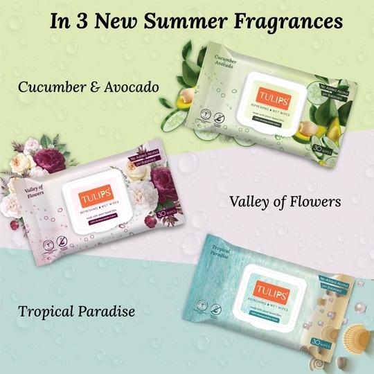 Tulips Refreshing Wet Wipes, Cucumber & Avocado, made with PLANT based fibre, LID Pack (Pack of 3, 30 wipes each)