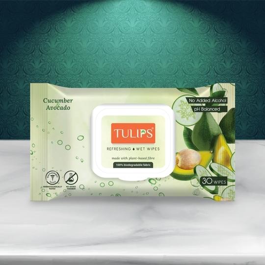 Tulips Refreshing Wet Wipes, Cucumber & Avocado, made with PLANT based fibre, LID Pack (Pack of 3, 30 wipes each)